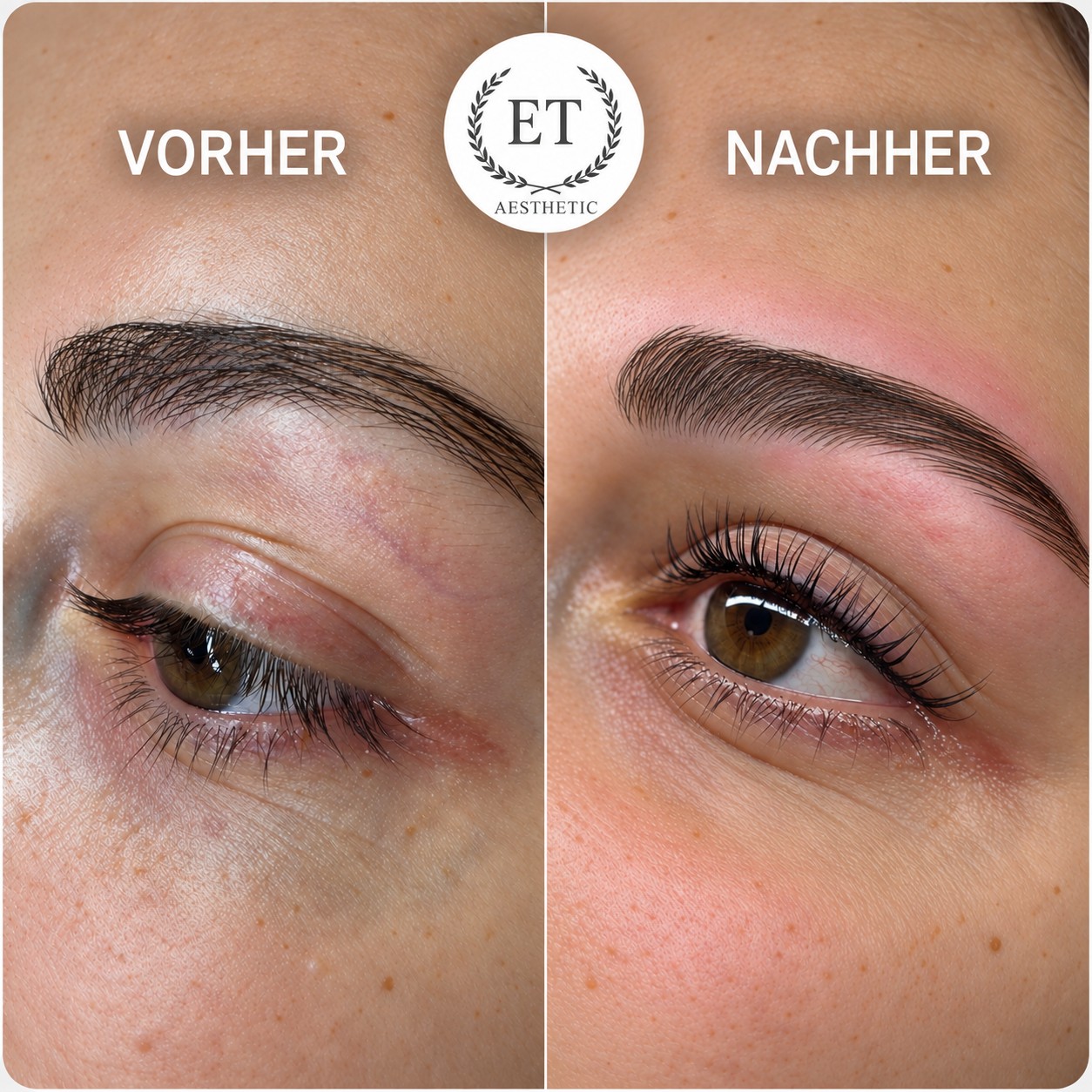 Vorher-Nachher-Vergleich einer Augenbrauenbehandlung im ET Aesthetic Kosmetikstudio